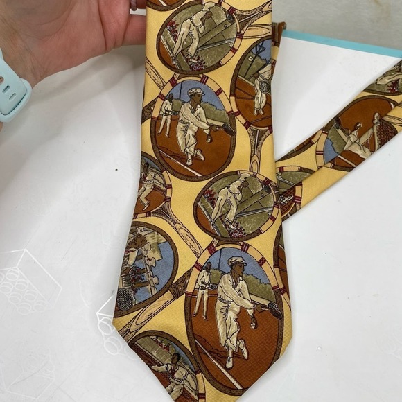 Vintage 90s Polo Ralph Lauren Men's Tennis Print Gold Background Silk Neck Tie - Picture 3 of 5